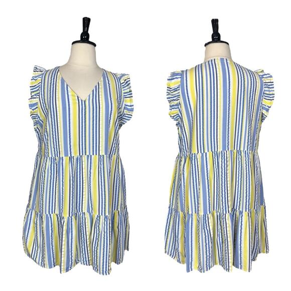 Time and Tru Dress V-neck Ruffle Sleeve Yellow Blue Stripe Women’s Size XXL - Picture 11 of 11